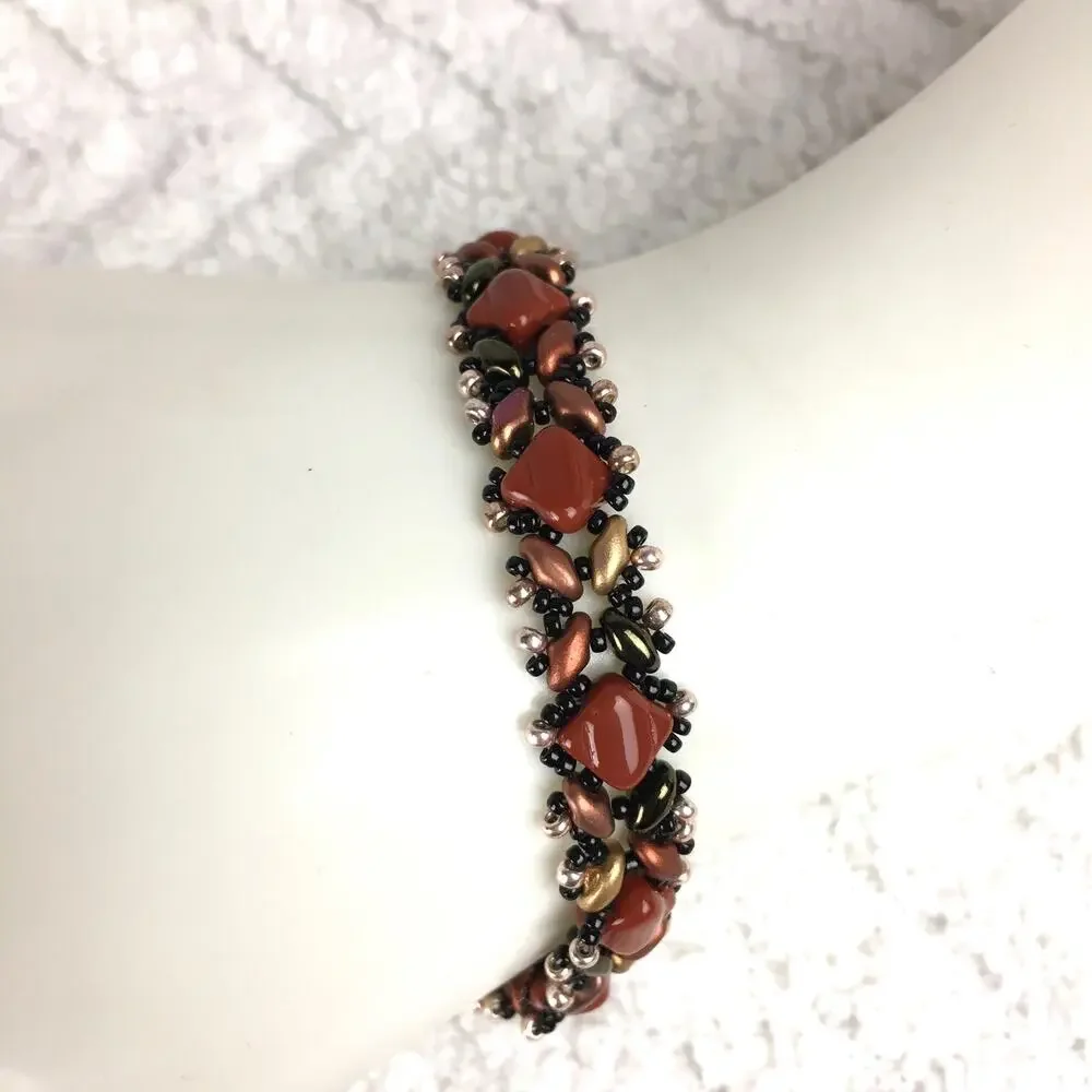 HANDMADE Rust, Gold & Brown Beadwoven Bracelet 7”